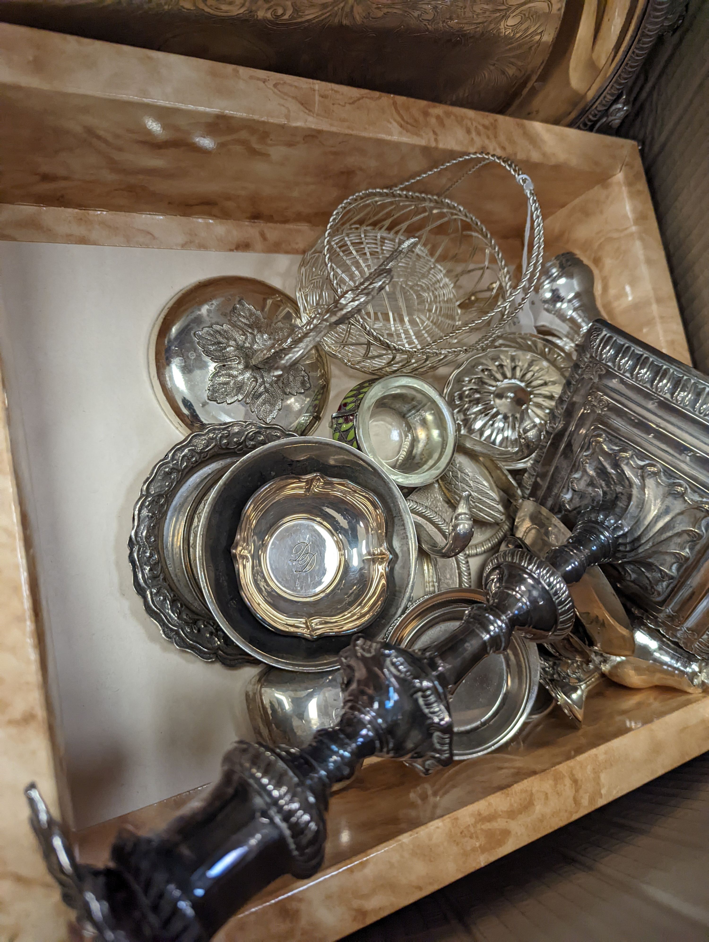 3 silver plated trays, a candle stick and other plated wares.